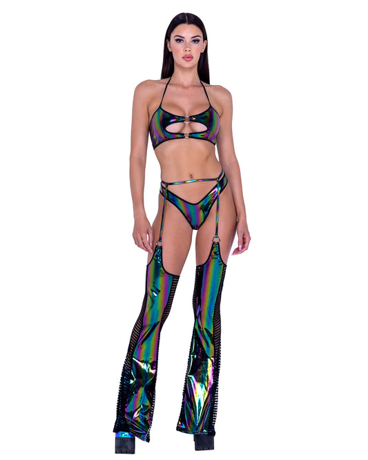 Rainbow Print Vinyl & Fishnet Chaps